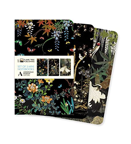 Three mini notebooks with black backgrounds featuring traditional Japanese floral and bird art designs.