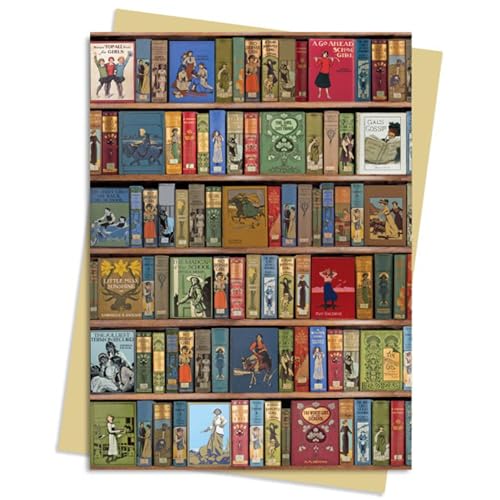 A colorful card depicting a tall, packed bookshelf of vintage books.
