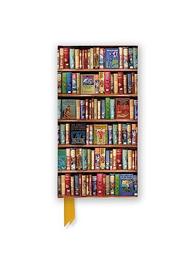 Slim journal with a cover depicting a full bookshelf of books.
