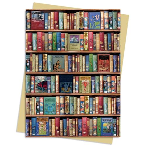A greeting card featuring a detailed illustration of a bookshelf filled with vintage books.