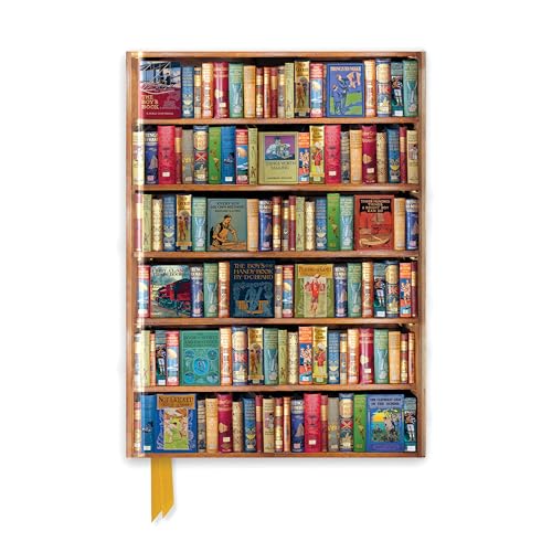 Journal cover featuring a bookshelf filled with various colorful vintage books.