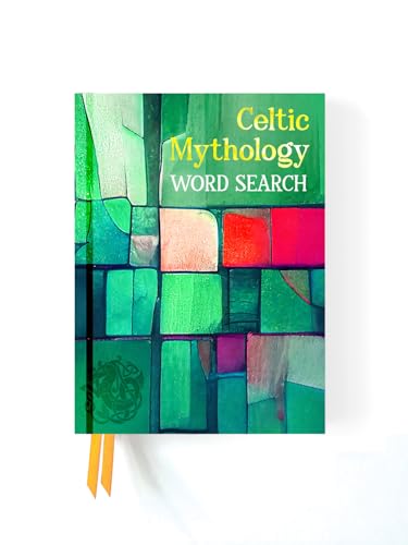Green and pink abstract cover of “Celtic Mythology Word Search” book.
