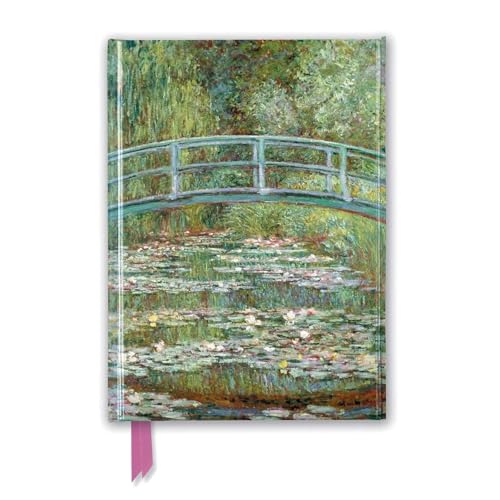 Impressionist painting of a green Japanese bridge over a lily pond.