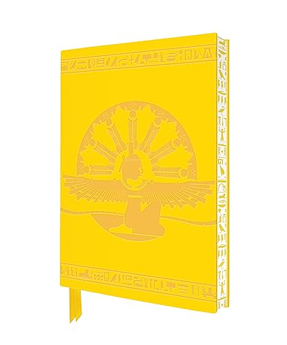 Yellow notebook with embossed Egyptian sun disk and hieroglyphic details.