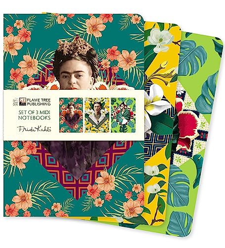 Three Frida Kahlo themed midi notebooks with floral and portrait covers.