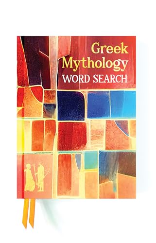 “Greek Mythology Word Search” book cover with colorful mosaic design and ribbon bookmark.