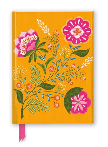 Orange foiled journal with colorful floral illustration and ribbon bookmark.