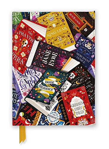 Foiled journal cover depicting stacked classic literature books.