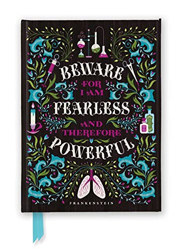 Black journal with ornate teal and pink “Frankenstein” themed lettering.