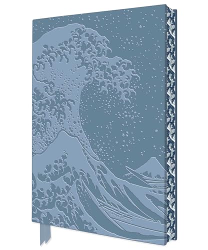 Blue sketchbook cover featuring an embossed Great Wave off Kanagawa design with patterned spine.