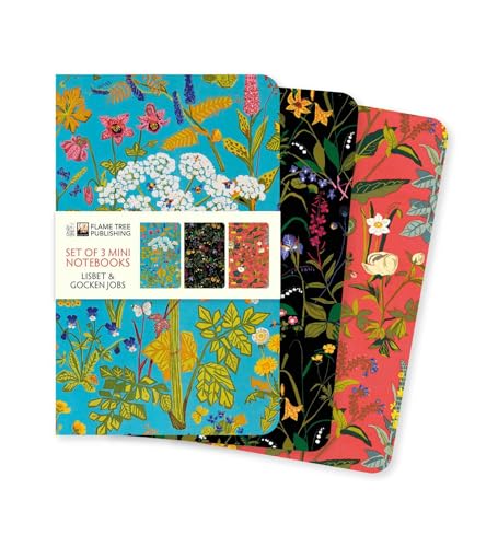 Three mini notebooks with blue, black, and red floral botanical print covers.