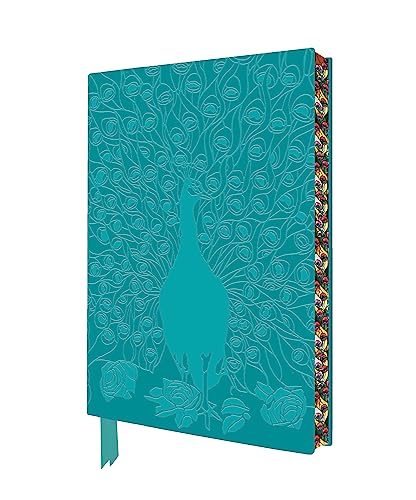 Teal notebook with a white line-art peacock design and colorful edge.