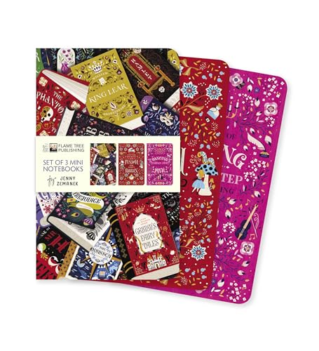 Three mini notebooks with colorful, ornate literary-themed cover illustrations featuring floral and book motifs.