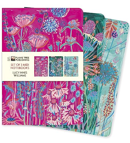 Three midi notebooks featuring vibrant, colorful floral and botanical paintings by Lucy Innes Williams.