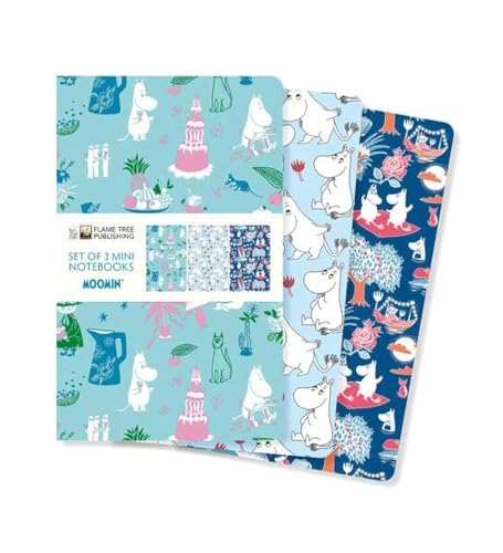 Three Moomin-themed mini notebooks with blue, light blue, and dark blue patterned covers.