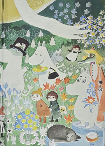 Moomin characters in a colorful, floral landscape illustration.