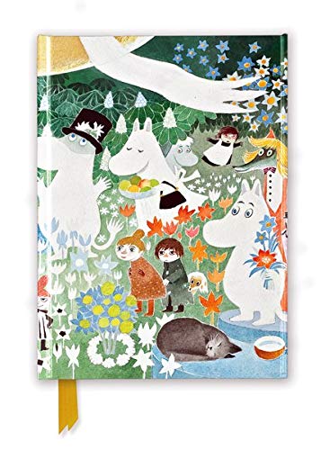 Hardcover journal featuring Moomin characters in a lush, colorful, whimsical garden scene.