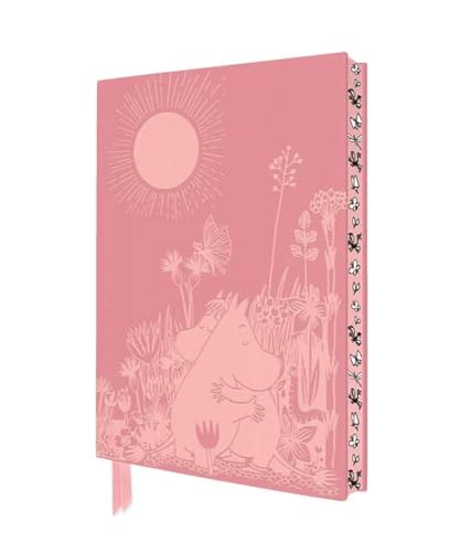 Pink notebook cover featuring Moomin characters hugging in a floral meadow under a sun.