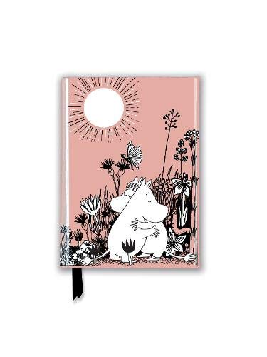 Pink journal cover with Moomin characters embracing amongst flowers.