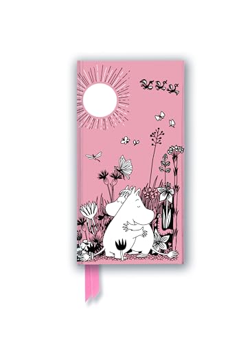 Pink slim journal with Moomin and Little My amongst flowers.