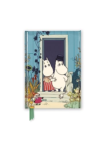 Moomin characters stand in a doorway on the cover of a blue pocket notebook.