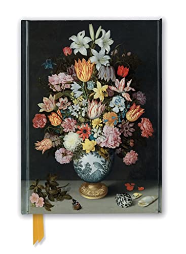 Floral still life painting on a black journal with a gold ribbon.