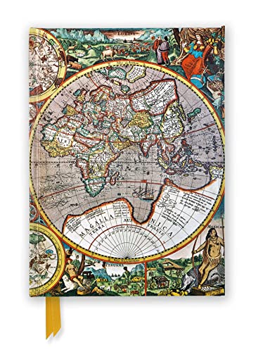 Antique world map journal with detailed cartography and illustrated borders.