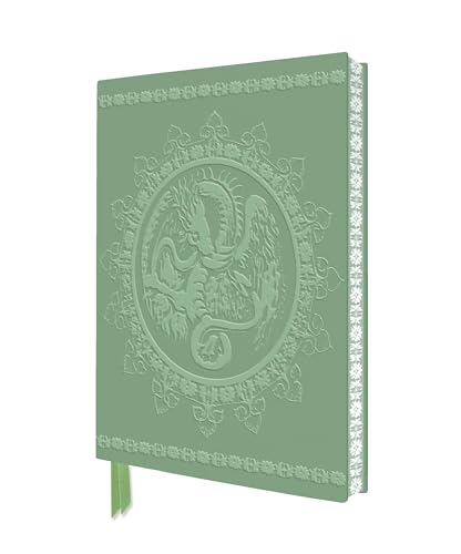 Pale green notebook with embossed dragon design and decorative edges.