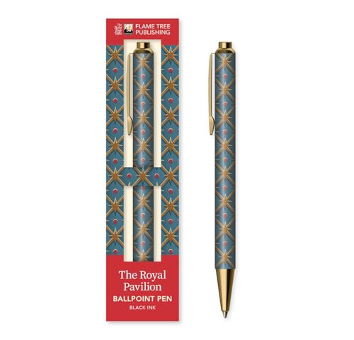 Decorative ballpoint pen and box featuring a repeating star pattern.