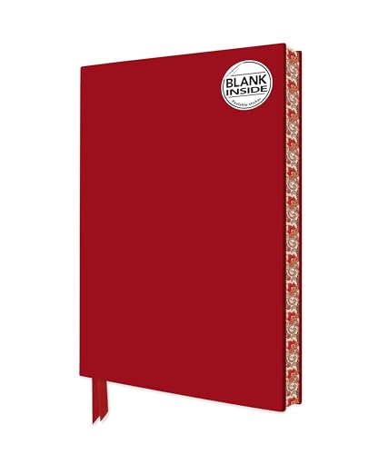 A ruby red journal with a patterned spine and a round blank inside sticker.