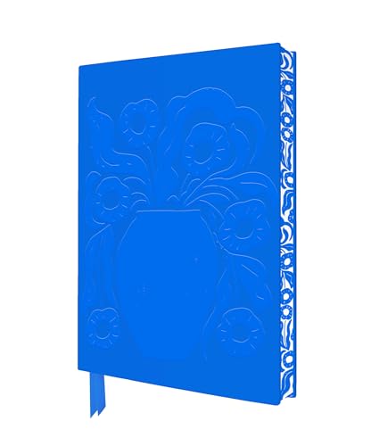 Bright blue notebook with embossed floral vase design and patterned spine.
