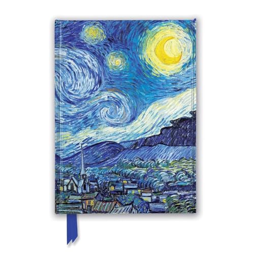 Van Gogh’s “Starry Night” painting on a closed notebook with a blue ribbon.