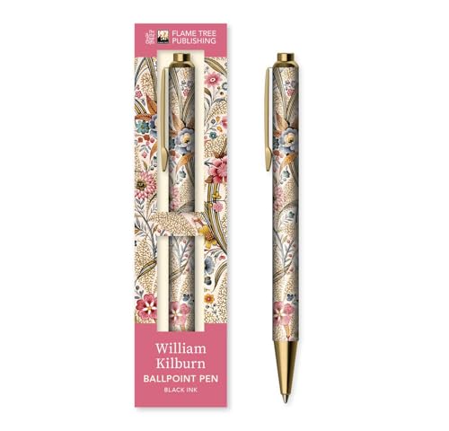 Floral patterned gold pen and its matching cardboard packaging.