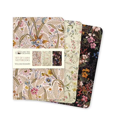 Three mini notebooks featuring William Kilburn floral patterns in pink, cream, and black.