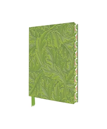 A green notebook featuring an embossed William Morris acanthus leaf pattern with a ribbon marker.