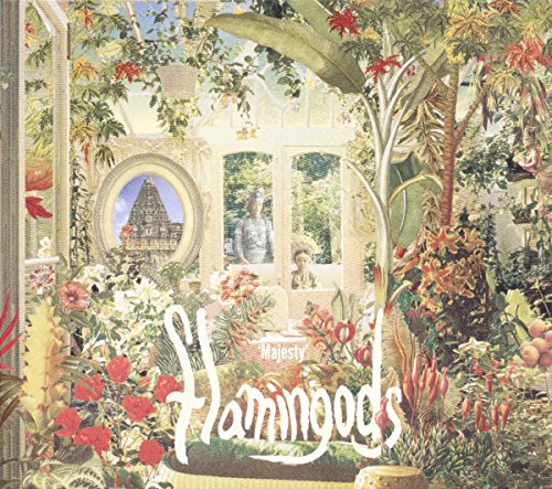 Album cover for Flamingods' "Majesty" featuring a lush, tropical greenhouse scene.