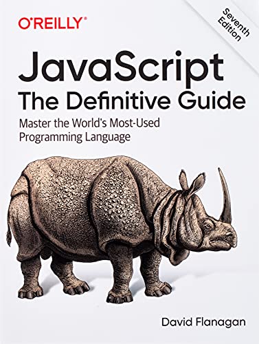 Book cover: "JavaScript - The Definitive Guide," seventh edition, with a rhinoceros.