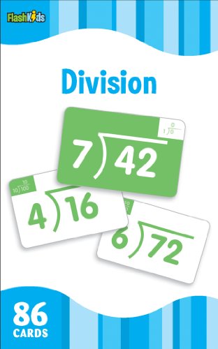 Flash cards with division problems on a green and blue background.