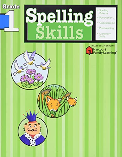 First grade spelling workbook cover with illustrations of animals and flowers.