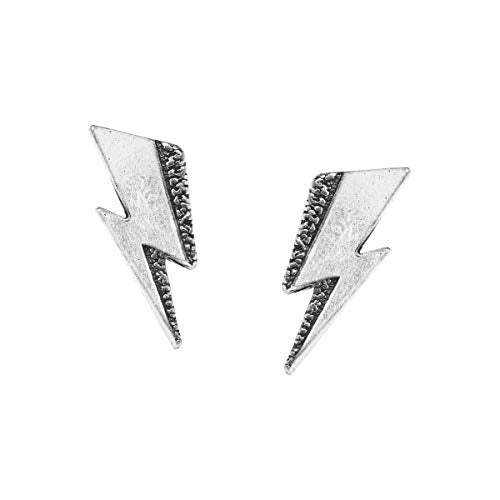 Silver lightning bolt stud earrings, shown against a white background.