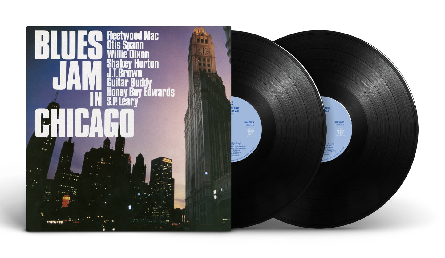 Fleetwood Mac "Blues Jam in Chicago" vinyl record with city skyline cover.