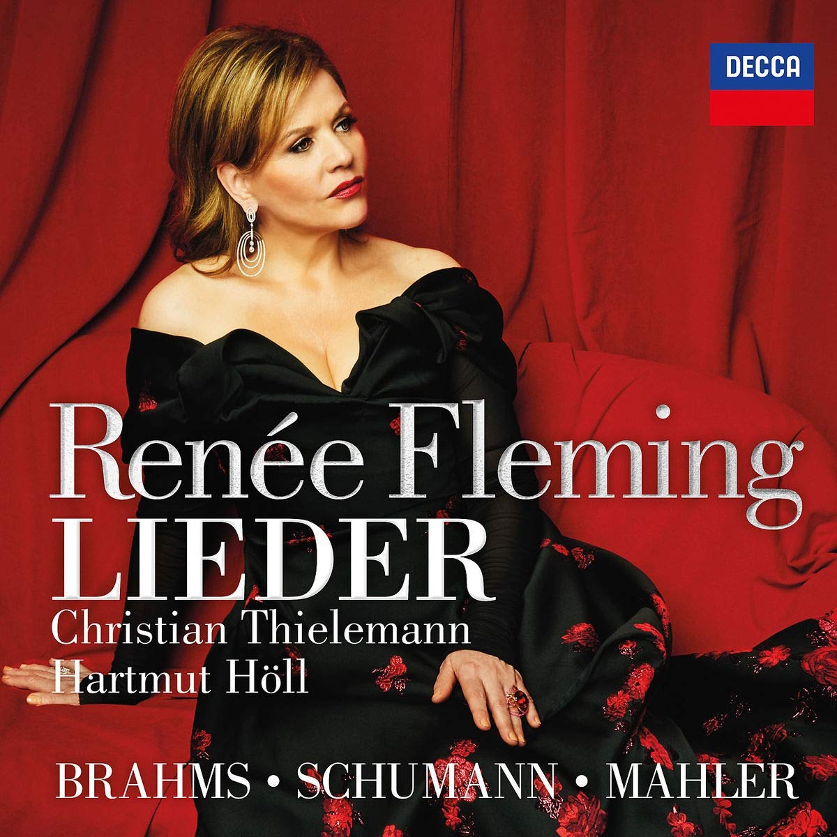 "Album cover featuring Renee Fleming in a black dress against a red curtain."