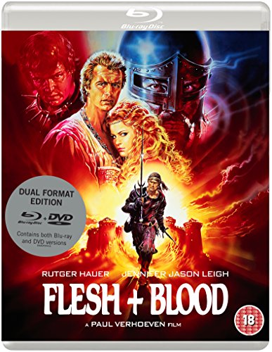 “Flesh & Blood” Blu-ray cover with Rutger Hauer, Jennifer Jason Leigh, and castle scene.