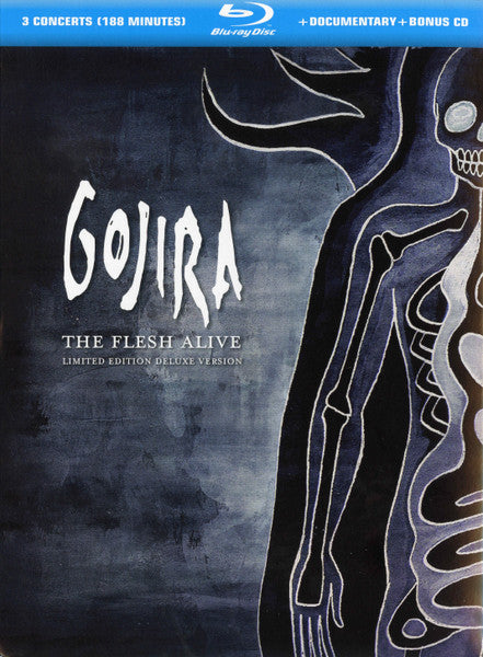 Flesh" Blu-ray cover featuring skeletal figure and band name "Gojira" in white text.