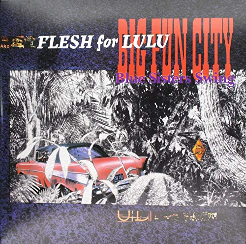 Vinyl record cover: red text, tropical foliage, and a vintage car.