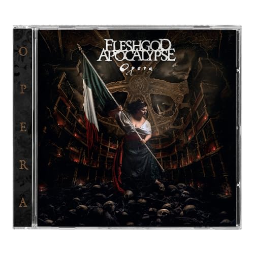 Fleshgod Apocalypse "Opera" CD cover: theatrical scene with flag and skulls.