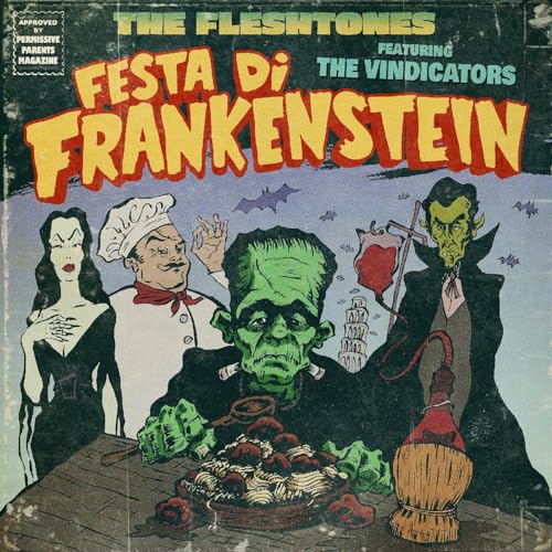 CD cover: Frankenstein, chef, and monster characters with bats and cake.