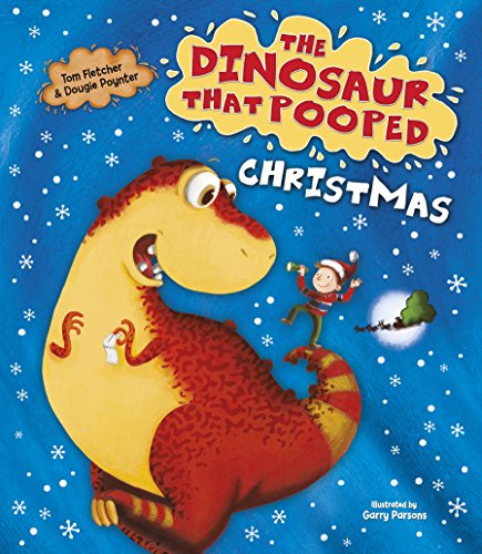 Yellow dinosaur with a boy wearing a Santa hat, snowy background.