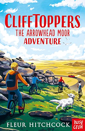 Book cover: children cycling with a dog on a coastal moor.