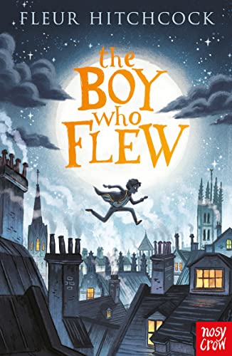 Boy silhouetted flying over a nighttime cityscape with a large moon.